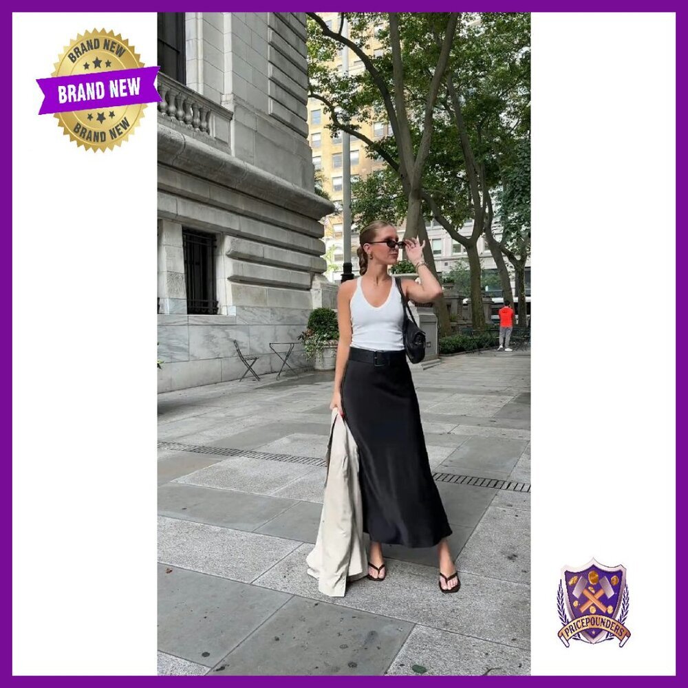 Satin Maxi Skirt High Waist Drawstring A-Line Flowy Long - Picture 8 of 8